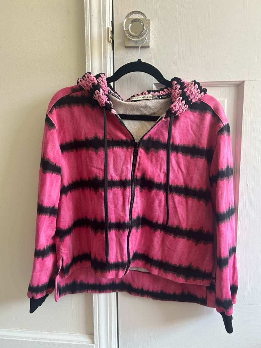 Alice + Olivia Pink and Black Tie-Dye Zip Crochet Hoodie
